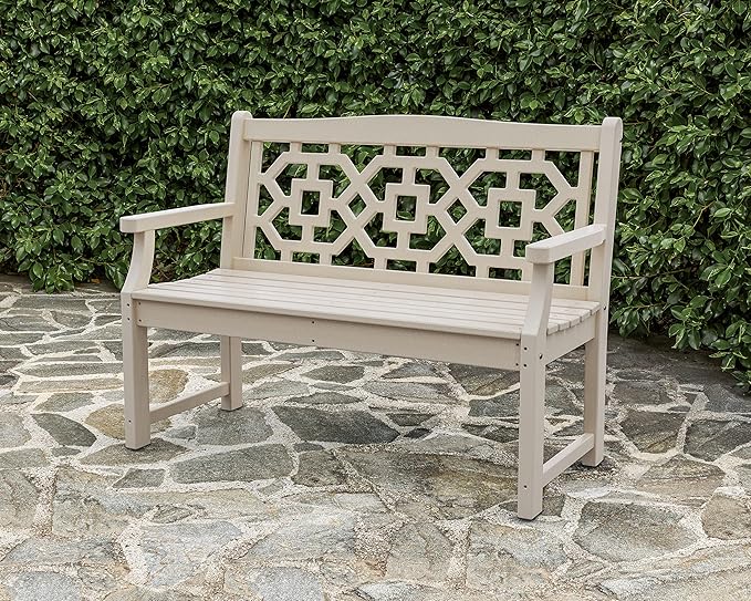 Martha Stewart by POLYWOOD Chinoiserie 48" Outdoor Bench for Patio, Porch & Backyard, Black - Durable All-Weather HDPE Garden Seat with Back Support - Classic 2 Person Seating, Made in The USA