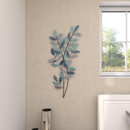 Deco 79 Metal Leaf Home Wall Decor Wall Sculpture with Gold Accents, Wall Art 15" x 1" x 32", Blue