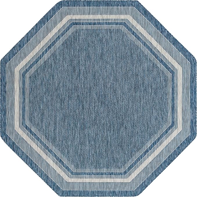 Unique Loom Outdoor Border Collection Area Rug - Soft Border (7' 10" Octagon, Blue/ Ivory)