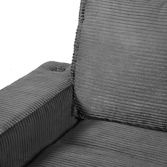 Christopher Knight Home Zoe Oversized Chaise Lounge Chair Indoor with Cup Holders & USB Charging Port, Corduroy Upholstered Sofa Bed + Ottoman with Storage, Comfy Deep Seat Sleeper Sofa Chair, Grey