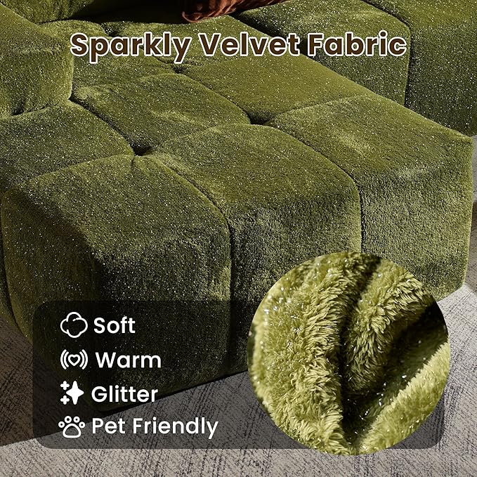 114" Glitter Cloud Sectional Couch with L-Shape Chaise, Modern Boneless Couches for Living Room Christmas Party, Fluffy Tufted Deep Seat Modular Sofa in a Box No Assembly