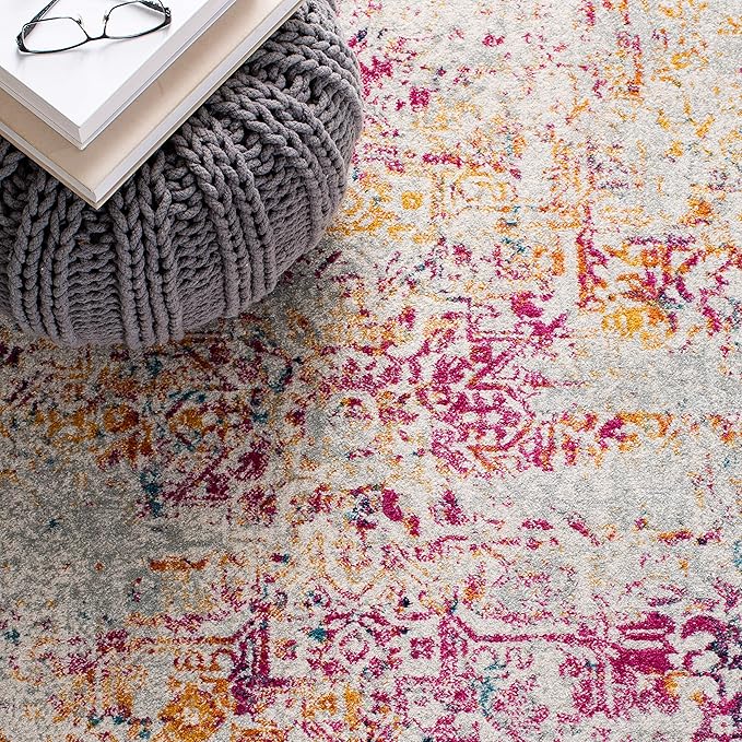 SAFAVIEH Evoke Collection Runner Rug - 2'2" x 7', Ivory & Fuchsia, Distressed Design, Non-Shedding & Easy to Clean, Ideal for Foyer, Bedroom, Kitchen, Hallway (EVK256Q)