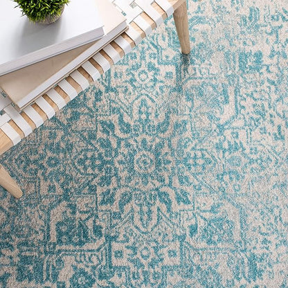 SAFAVIEH Evoke Collection 5'1" x 7'6" Ivory / Aqua EVK256J Oriental Distressed Non-Shedding Living Room Bedroom Area Rug