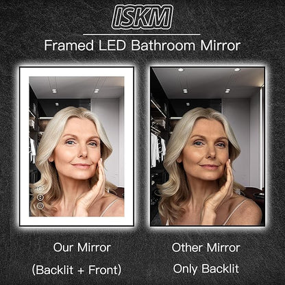 ISKM Framed LED Mirror for Bathroom 44"x30", Dimmable LED Bathroom Mirror with Lights, Anti-Fog, Front and Backlit Lighted Mirror 3-Colors, Shatterproof, Memory Function