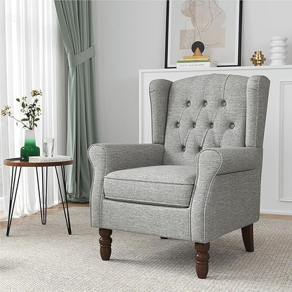 High Back Accent Chairs Set of 2, High Wingback Chair for Living Room, Button-Tufted Upholstered Fabric Armchair with Solid Wood Legs, Comfy Single Sofa Reading Chair for Bedroom, Light Gray