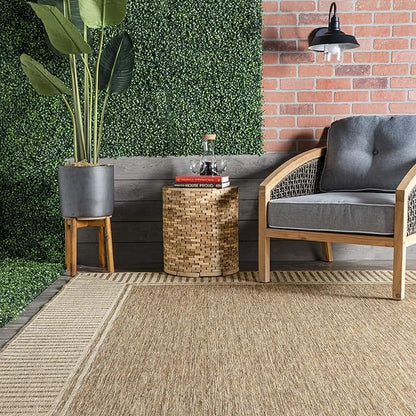 nuLOOM 5' x 8' Outdoor Area Rug, Casual Design With Striped Border, Stain Resistant, Highly Durable, For Patio, Balcony, Bedroom, Living Room, Dining Room, Bathroom, Light Brown