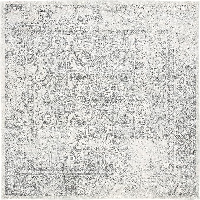 SAFAVIEH Evoke Collection Area Rug - 3' Square, Ivory & Grey, Distressed Design, Non-Shedding & Easy to Clean, Ideal for Foyer, Bedroom, Accent Space (EVK256F)