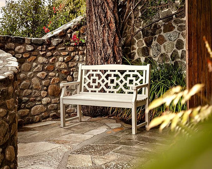 Martha Stewart by POLYWOOD Chinoiserie 48" Outdoor Bench for Patio, Porch & Backyard, Sand - Durable All-Weather HDPE Garden Seat with Back Support - Classic 2 Person Seating, Made in The USA