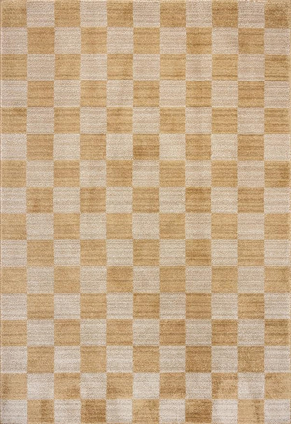 Loloi Chris Loves Julia Calvin Collection CLV-01 Apricot/Ivory 7'-10" x 7'-10" Round Area Rug Checkered Neutral Soft Living Room Bedroom Carpet