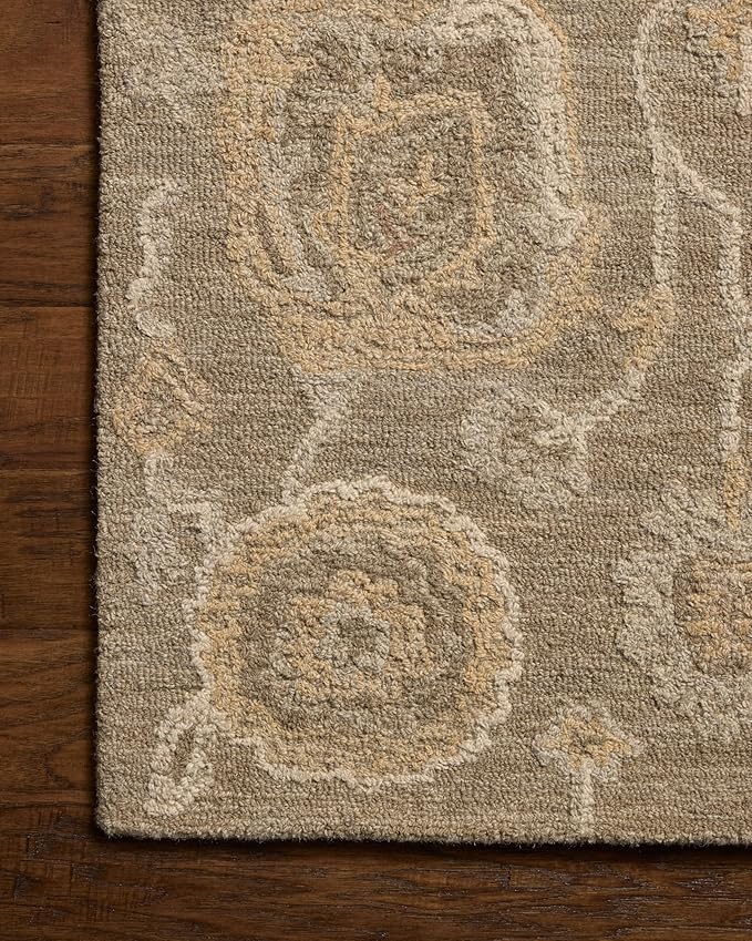 Loloi Chris Loves Julia Dorothea Collection DRT-01 Oak/Natural 7'-9" x 9'-9" Area Rug Wool Neutral Floral Living Room Bedroom Carpet