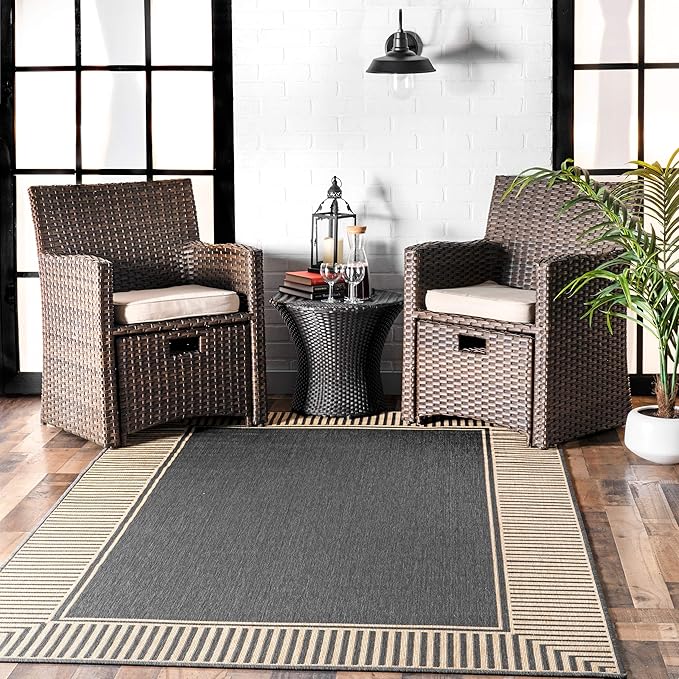 Nuloom Asha Dark Grey/Ivory, 9' 6" x 12', Casual, Striped Border, Soft and Cozy, High Traffic, Stain Resistant, Easy Clean, Durable Area Rug for Indoor/Outdoor Patio, Deck, Porch, Garden, Courtyard