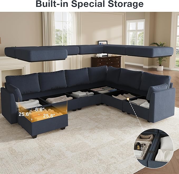 Modular Sectional Sofa Couches, Large Convertible Modular Couches With Storage, 7-Seater Sectional Sofa For Living Room, U Shaped Sectional Couch Sleeper Sofa With Chaise (BlueGrey, 7 Seats)