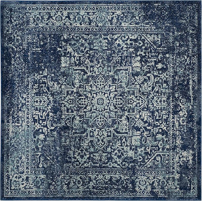 SAFAVIEH Evoke Collection Area Rug - 5'3" Square, Navy & Ivory, Distressed Design, Non-Shedding & Easy to Clean, Ideal for Living Room, Bedroom, Dining Space (EVK256A)
