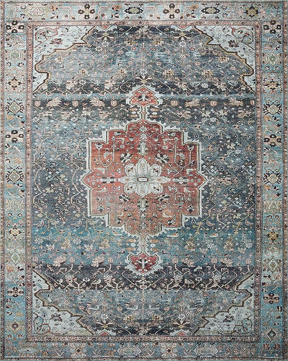 Loloi Margot Collection MAT-05 Ocean/Brick 7'-6" x 9'-6" Area Rug feat. CloudPile, No-Shed Easy Clean Large Patterned Area Rug for Living Room, Bedroom, Dining Area
