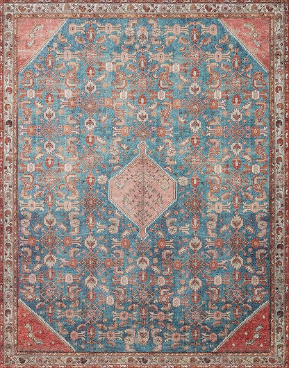 Loloi Layla Collection LAY-10 Marine/Clay 2'-6" x 12'-0" .13" Thick Runner Rug, Soft, Durable, Vintage Inspired, Distressed, Low Pile, Non-Shedding, Easy Clean, Printed, Living Room Rug